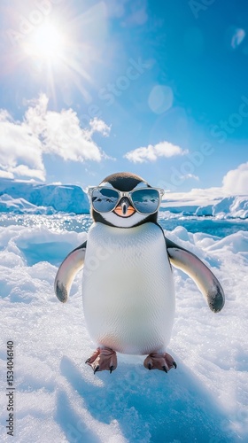 A delightful penguin wearing stylish sunglasses poses confidently on a frozen landscape, capturing the essence of whimsy amidst a stunning natural backdrop of ice and snow.