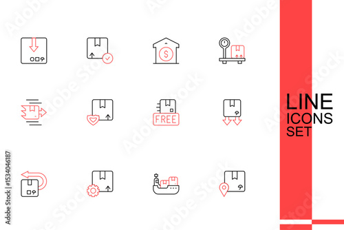 Set line Location with cardboard box, Cargo ship boxes delivery, Gear package, Return, Cardboard traffic symbol, free, Delivery security shield and Carton icon. Vector