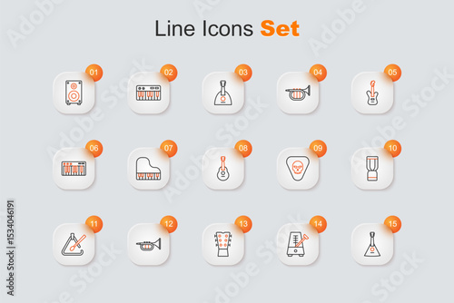 Set line Balalaika, Metronome with pendulum, Guitar neck, Trumpet, Triangle musical instrument, African djembe drum, pick and icon. Vector