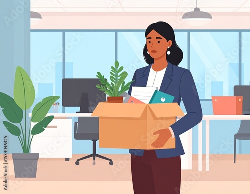 Vector illustration of a professional woman in formal business attire holding a box of her personal items at the office. 