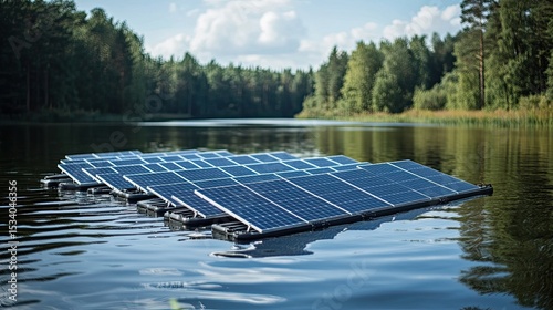 Floating solar panels on a peaceful lake generating clean energy, promoting sustainable solutions. 