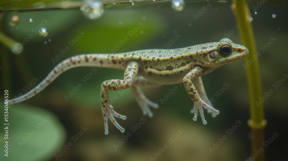 Obraz premium Vibrant amphibian swimming gracefully serene aquatic environment, showcasing its unique patterns and delicate limbs. scene captures essence