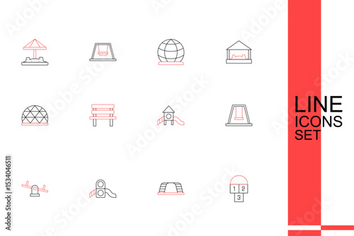 Set line Hopscotch, Monkey bar, Slide playground, Seesaw, Swing for kids, Bench and Playground climbing equipment icon. Vector