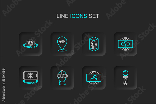 Set line VR controller game, Wide angle picture, Virtual reality glasses, 3d modeling, Big brother electronic eye, Augmented AR and 360 degree view icon. Vector