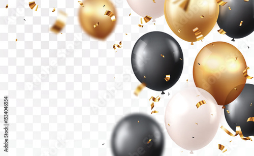 Black and gold balloons with confetti for invitation cards, celebration banner