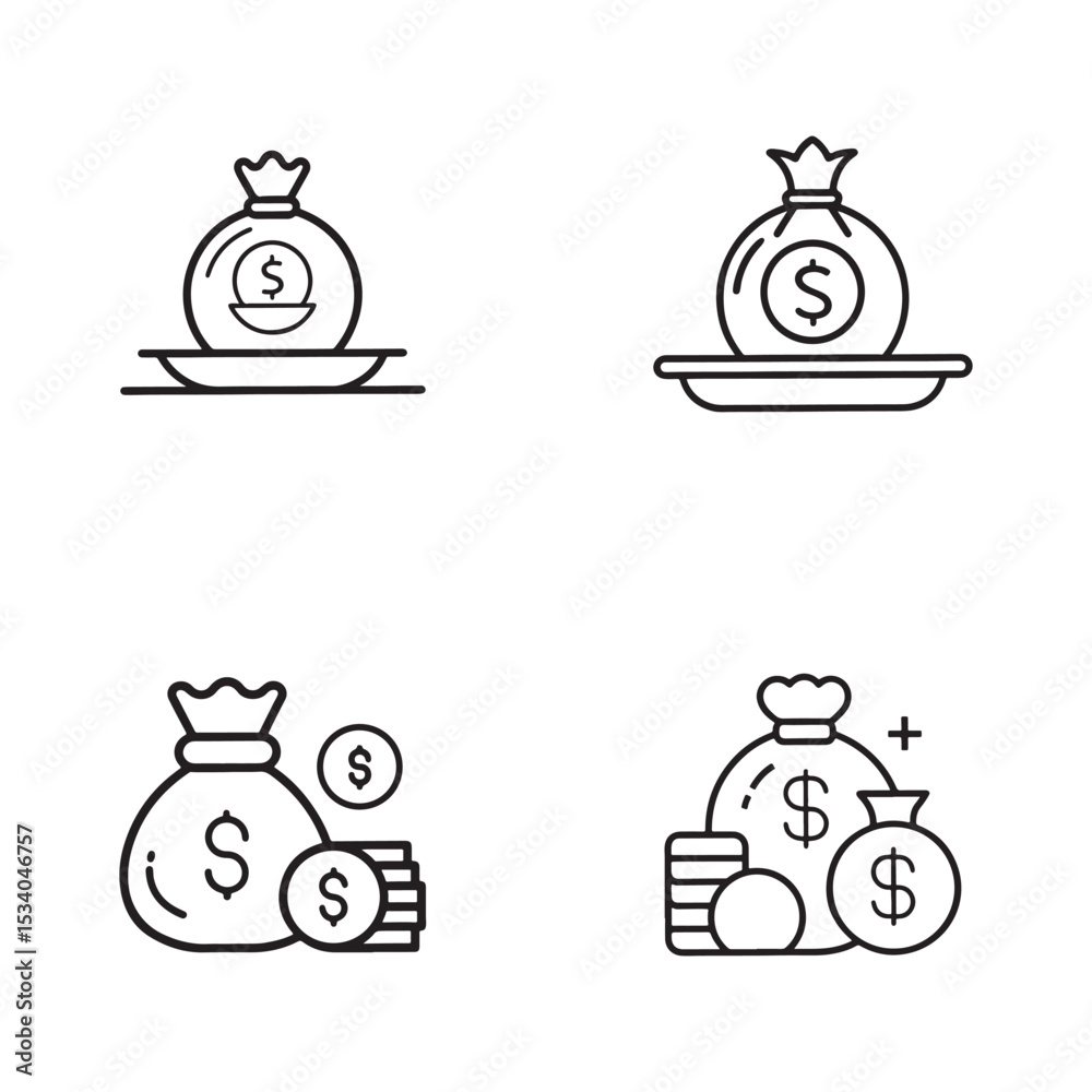Obraz premium Money Bag and Coin Icons Line Art Illustrations for Finance and Business