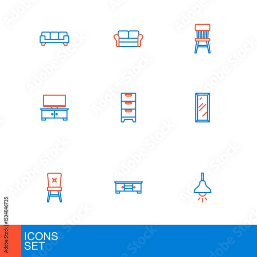 Set line Lamp hanging, TV table stand, Chair, Big full length mirror, Chest of drawers, and Sofa icon. Vector