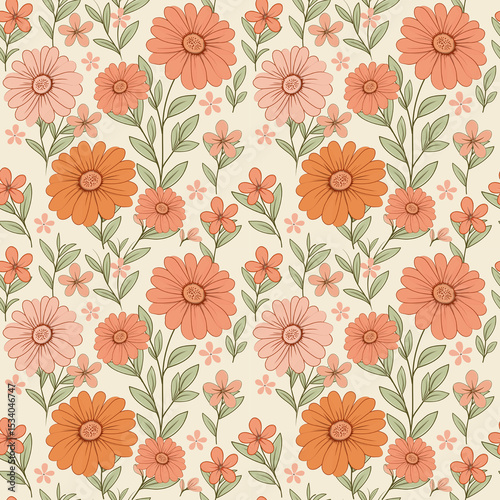 Seamless floral pattern featuring hand-drawn daisies in coral and burnt orange with soft green leaves. Ideal for fabric, packaging, wallpaper, and stationery design.