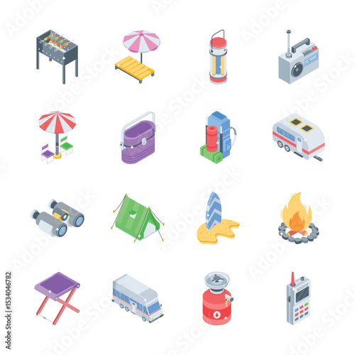 Get this premium set showing travel and holiday isometric icons