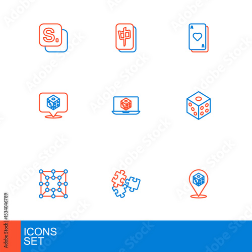 Set line Game dice, Puzzle pieces toy, Board game, Playing cards and Mahjong icon. Vector