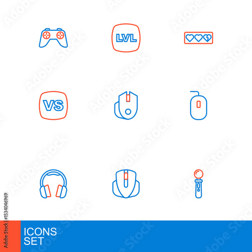 Set line VR controller game, Computer mouse, Headphones, VS Versus battle, Game life bar and Level icon. Vector