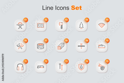Set line Hand saw and log, Shield with tree, Metallic nails, Hacksaw, Headphones, Wood plane tool, and Wooden beam icon. Vector