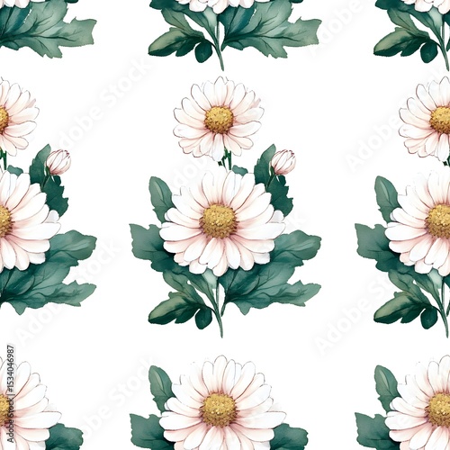 Delicate floral pattern of white and pale pink chrysanthemums with dark green leaves.