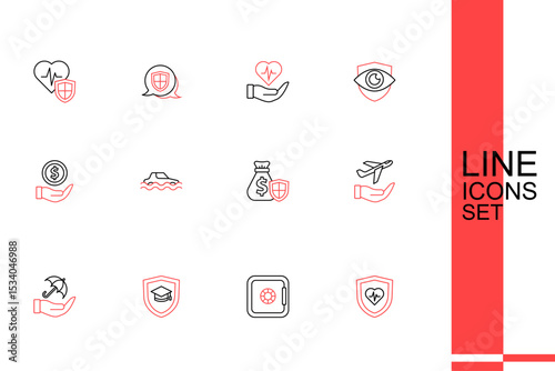 Set line Life insurance with shield, Safe, Graduation cap, Umbrella hand, Plane, Money bag, Flood car and icon. Vector