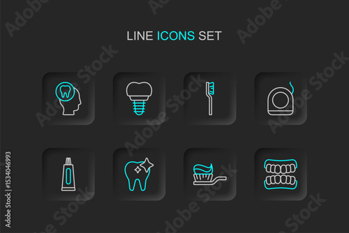 Set line Dentures model, Toothbrush with toothpaste, whitening, Tube of, Dental floss, implant and Toothache icon. Vector