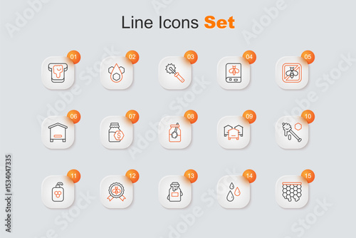Set line Honeycomb, Drops of honey, Jar, Best bee, Cosmetic tube with, dipper stick, Hive for bees and and icon. Vector