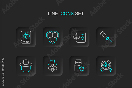 Set line Best bee, Jar of honey, Queen, Beekeeper with protect hat, Beekeeping knife, location, Honeycomb and Book about icon. Vector