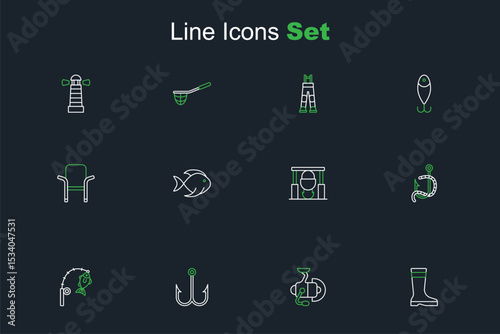 Set line Fishing boots, Spinning reel for fishing, rod and, hook worm, Campfire pot, bucket with and Camping folding chair icon. Vector