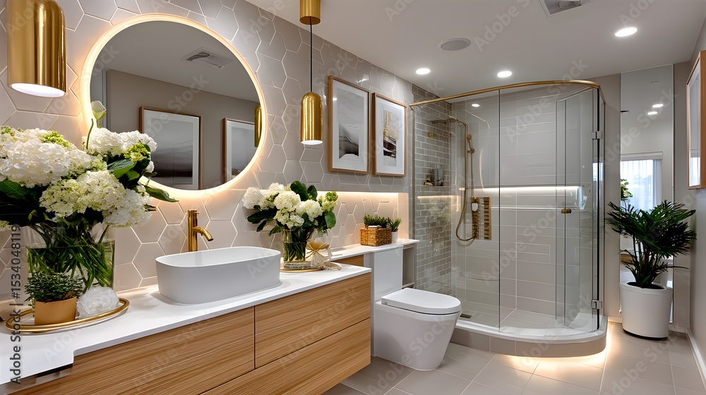 Fototapeta premium Scandinavian bathroom with round mirror and flowers high resolution image