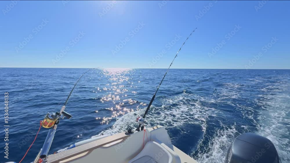 Sport boat trolling ocean with rods, reels, saltwater outboard fishing