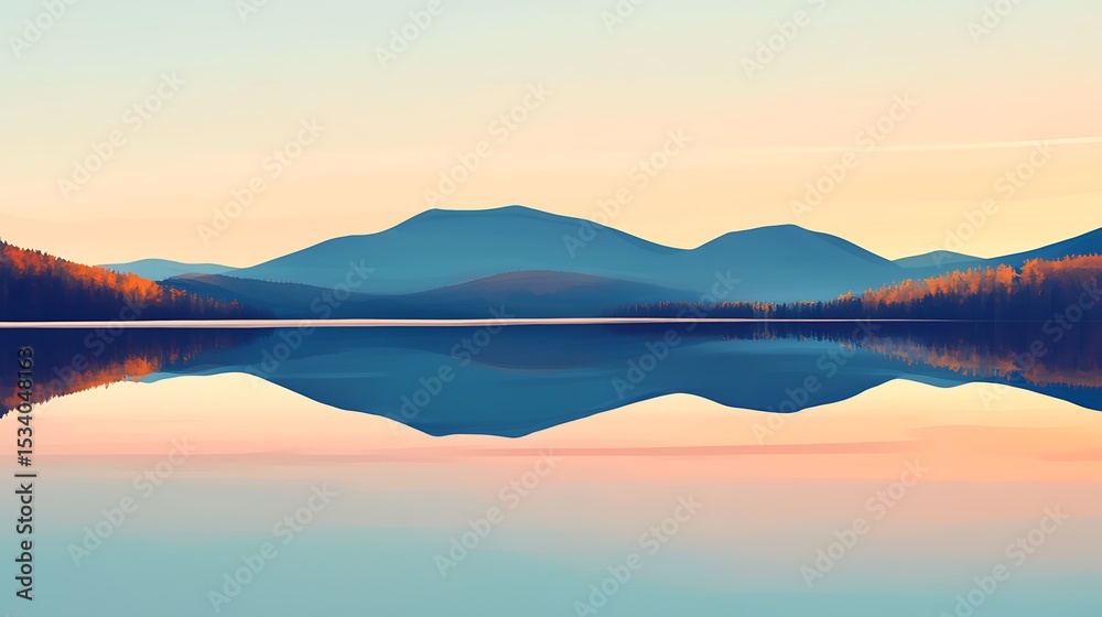 Fototapeta premium A serene lake reflecting a mountain range at sunrise.