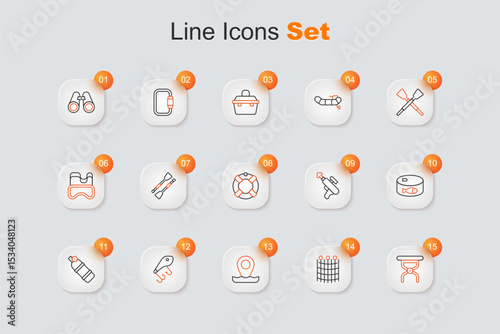 Set line Camping folding chair, Fishing net pattern, Location fishing, lure, Aqualung, Canned, harpoon and Lifebuoy icon. Vector