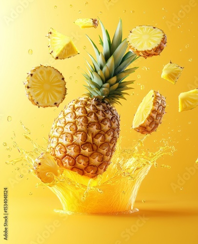 A fresh pineapple is splashing in a vibrant orange setting, surrounded by pineapple slices. The dynamic composition captures the essence of summer and refreshing tropical vibes.