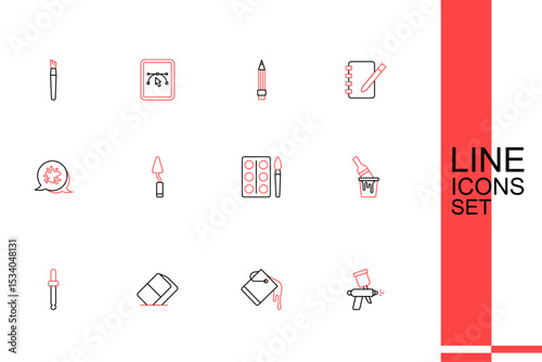 Set line Paint spray gun, bucket, Eraser or rubber, Eyedropper color picker palette, with brush, Watercolor paints box, Palette knife and icon. Vector