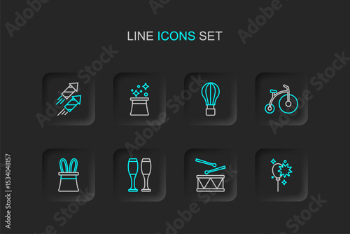 Set line Balloons with ribbon, Drum drum sticks, Bowling pin, Magician hat and rabbit ears, Vintage bicycle, Hot air balloon, and Firework rocket icon. Vector