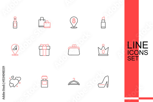 Set line Woman shoe, Hanger wardrobe, Perfume, Heart, King crown, Handbag, Gift box heart and icon. Vector