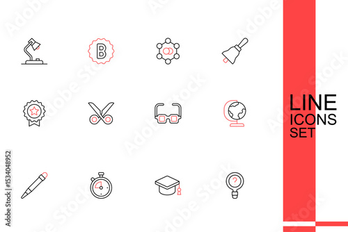 Set line Unknown search, Graduation cap, Stopwatch, Pencil with eraser, Earth globe, Glasses, Scissors and Medal star icon. Vector