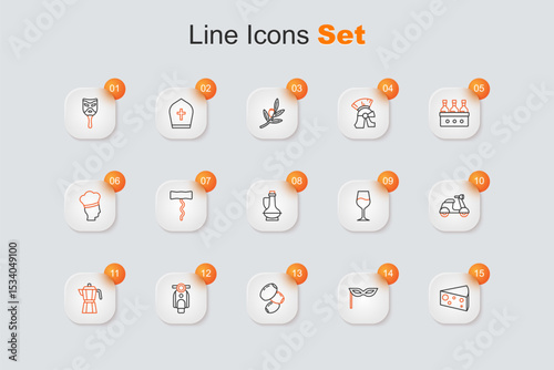 Set line Cheese, Carnival mask, Olives, Scooter, Coffee maker moca pot, Wine glass and Bottle olive oil icon. Vector