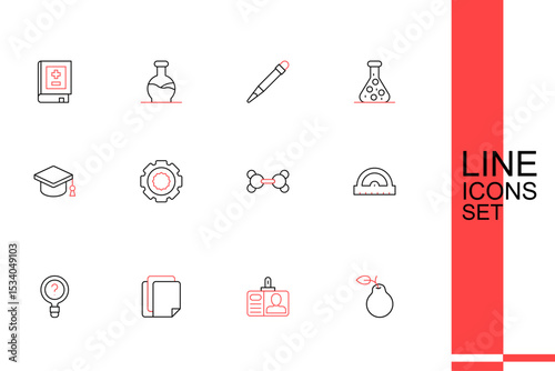 Set line Pear, Identification badge, File document, Unknown search, Protractor grid, Molecule, Gear and Graduation cap icon. Vector
