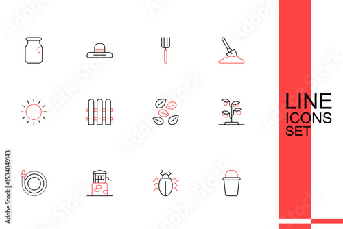 Set line Bucket, Colorado beetle, Well, Garden hose, Sprout, Seeds of specific plant, fence wooden and Sun icon. Vector