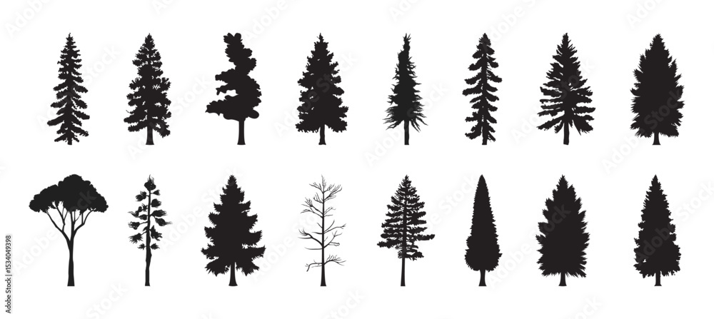 Fototapeta premium Collection of various tree silhouettes in vector style. Perfect for landscape design, nature projects, forest themes, outdoor scenes, and graphic compositions.