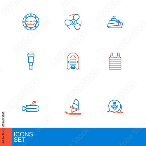 Set line Anchor, Windsurfing, Submarine, Striped sailor t-shirt, Spyglass telescope lens, Inflatable boat with motor, Speedboat and Boat propeller icon. Vector