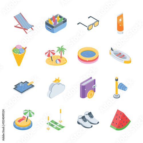 Get this modern bundle of travel and holiday adventure isometric icons