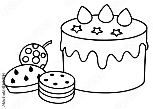 chocolate cake with a hand pouring milk on the cake, isolated on a line art vector illustration	