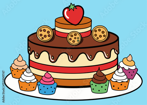 Cake poured with chocolate and decorated with different cookies Creative vector cartoon illustration