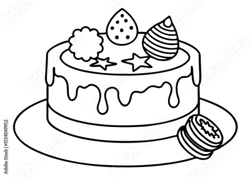 chocolate cake with a hand pouring milk on the cake, isolated on a line art vector illustration	