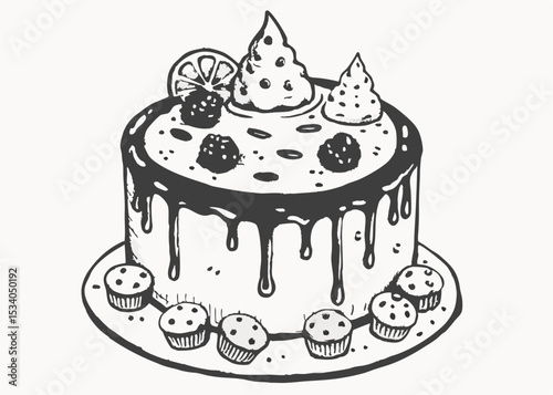Delicious muffins collection. Cupcake with chocolate, Ice cream in a waffle cone with lollipops, cookies, strawberries, sweets poured.