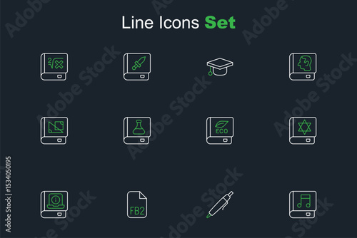 Set line Audio book, Pen, FB2 File, User manual, Jewish torah, Book about ecology, Chemistry and geometry icon. Vector