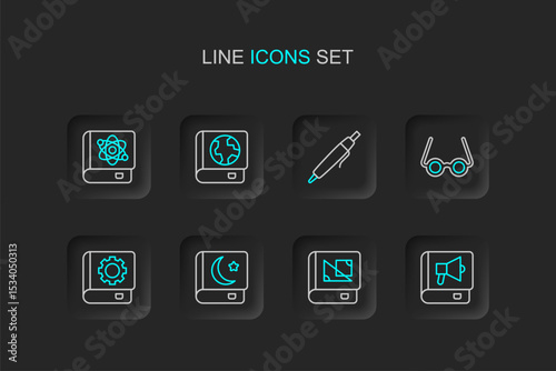 Set line Book, about geometry, Holy book of Koran, User manual, Glasses, Pen, Earth globe and and physics icon. Vector