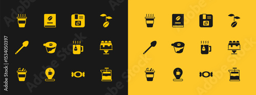 Set Coffee beans, Location with coffee cup, Cup tea bag, Candy, Pour over maker, Bag, to go and book icon. Vector