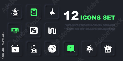 Set High voltage, Smart home, No lightning, Laptop, Electrical outlet, Electrician, panel and Lightning bolt icon. Vector