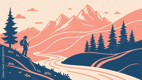 Majestic Mountain River Scene A hiker enjoys a scenic landscape with tranquil river and towering peaks ideal for travel posters and branding