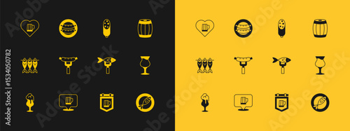 Set Wooden barrel, beer mug, Dried fish, Street signboard with, Sausage on the fork, Salami sausage, Heart glass of and icon. Vector
