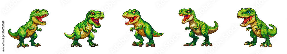 Obraz premium Five Green Tyrannosaurus Rex Pixel Art Dinosaurs Isolated on Transparent Background