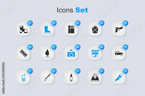 Set Hunt place, Tree, Waterproof rubber boot, Walkie talkie, Flashlight, Safari car, Hunter boots and Photo camera icon. Vector