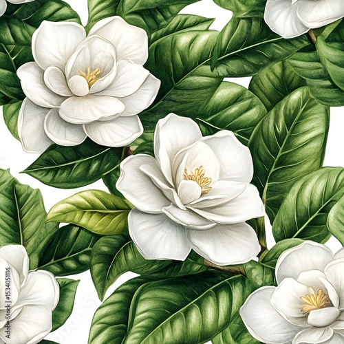 Detailed illustration of magnolia flowers and leaves.